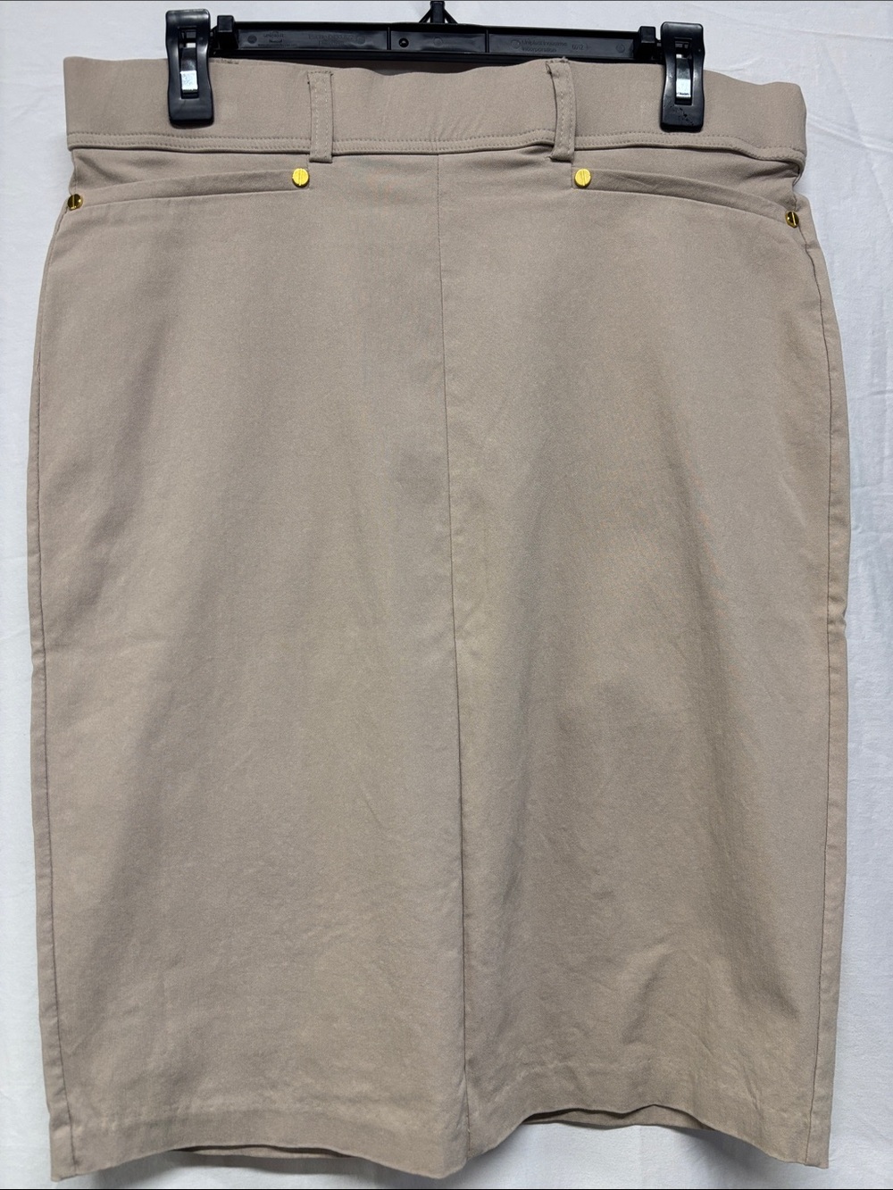 Tailored Beige Pencil Skirt with Gold Rivet Accents
